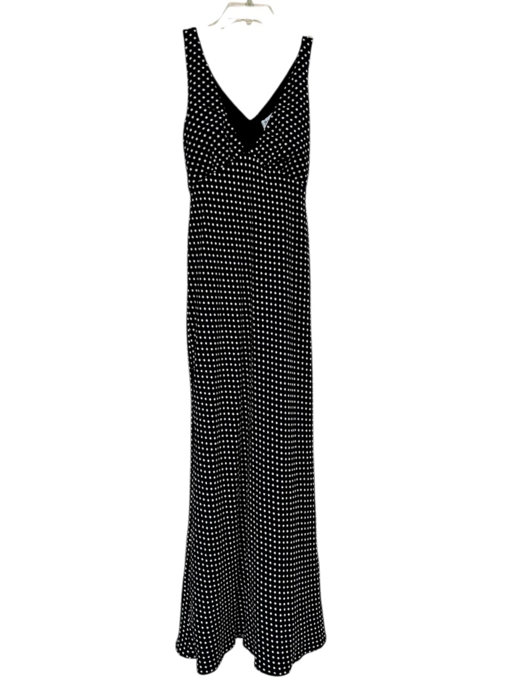 Black Maxi Dress Sleeveless White Polka Dots Vneck Front Back Side Zip Size 2